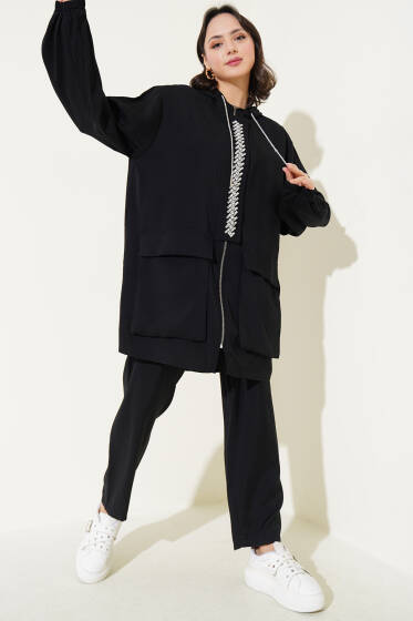 Fermuarlı Taşlı Tensel İkili Takım Siyah - İkili Takım