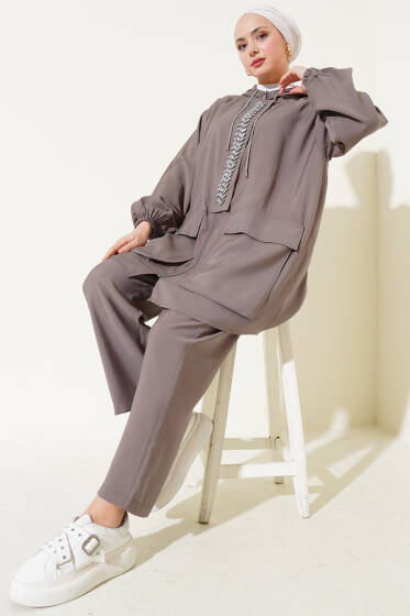 Fermuarlı Taşlı Tensel İkili Takım Vizon - İkili Takım