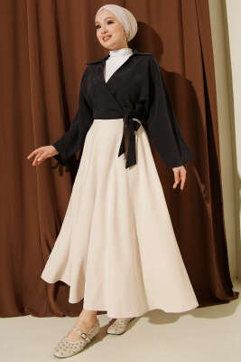 Fermuarlı Tensel Kloş Etek Bej - Etek