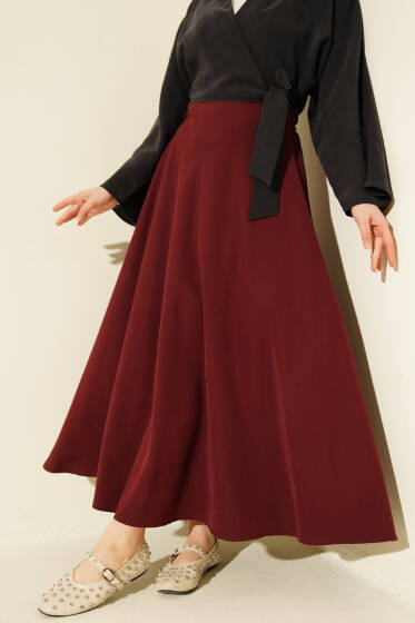 Fermuarlı Tensel Kloş Etek Bordo - Etek