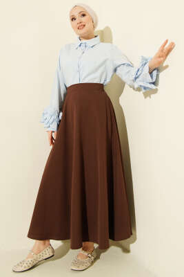 Fermuarlı Tensel Kloş Etek Kahve - Etek