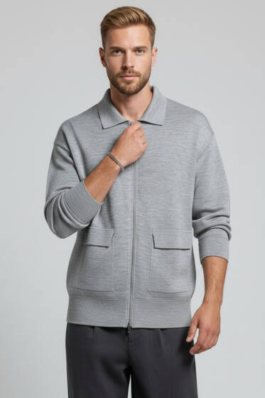 Fermuarlı Triko Erkek Hırka Gri - Erkek Hırka