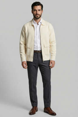 Fermuarlı Triko Erkek Hırka Krem - Erkek Hırka