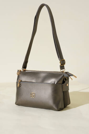 Fermuarlı Üç Bölmeli Çanta Antrasit - Kol Çantası