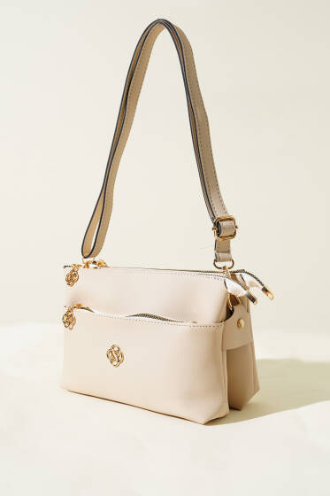 Fermuarlı Üç Bölmeli Çanta Bej - Kol Çantası