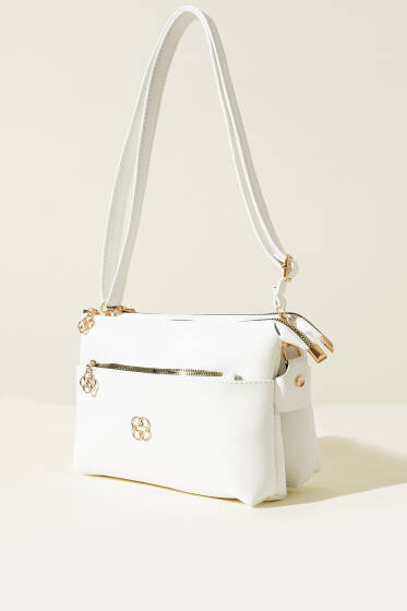 Fermuarlı Üç Bölmeli Çanta Beyaz - Kol Çantası