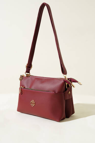 Fermuarlı Üç Bölmeli Çanta Bordo - Kol Çantası