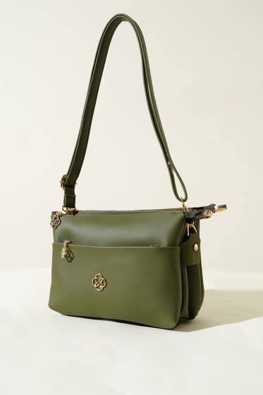 Fermuarlı Üç Bölmeli Çanta Haki - Kol Çantası