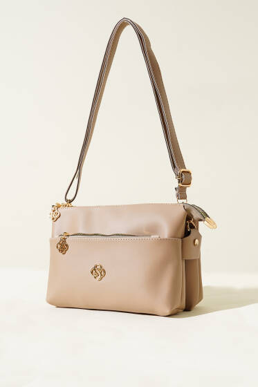 Fermuarlı Üç Bölmeli Çanta Latte - Kol Çantası