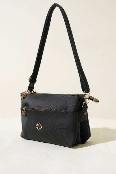 Fermuarlı Üç Bölmeli Çanta Siyah - Kol Çantası