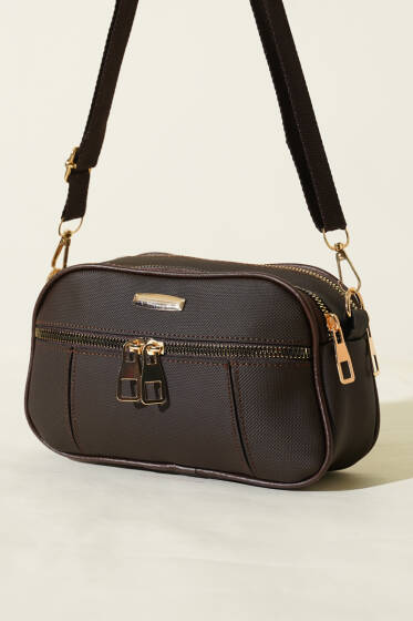 Fermuarlı Üç Bölmeli Çapraz Çanta Acı Kahve - Kol Çantası