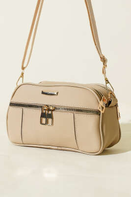 Fermuarlı Üç Bölmeli Çapraz Çanta Bej - GÜZEL ÇANTA