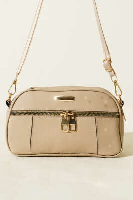 Fermuarlı Üç Bölmeli Çapraz Çanta Bej - Kol Çantası