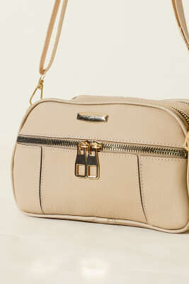 Fermuarlı Üç Bölmeli Çapraz Çanta Bej - Kol Çantası