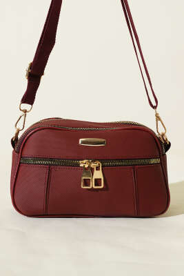 Fermuarlı Üç Bölmeli Çapraz Çanta Bordo - Kol Çantası