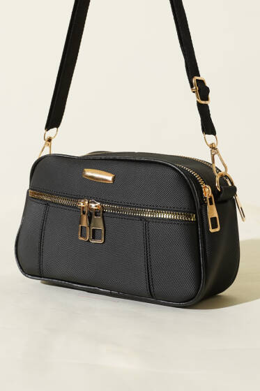 Fermuarlı Üç Bölmeli Çapraz Çanta Siyah - Kol Çantası
