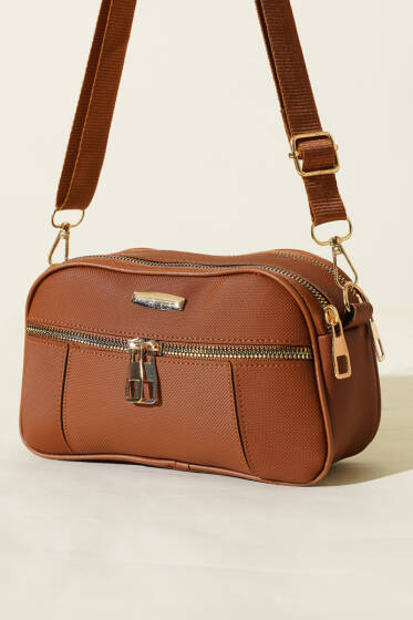 Fermuarlı Üç Bölmeli Çapraz Çanta Taba - Kol Çantası