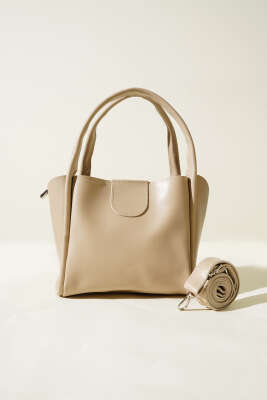 Fermuarlı Üç Bölmeli Kol Çanta Bej - Kol Çantası