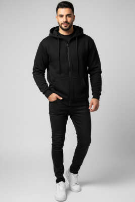 Fermuarlı Üç İplik Erkek Sweatshirt Siyah - Erkek Sweatshirt