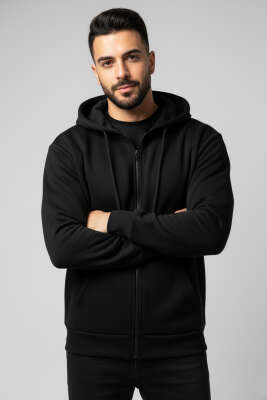 Fermuarlı Üç İplik Erkek Sweatshirt Siyah - WİPEOUT