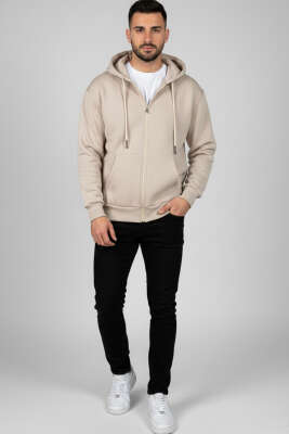 Fermuarlı Üç İplik Erkek Sweatshirt Taş - Erkek Sweatshirt
