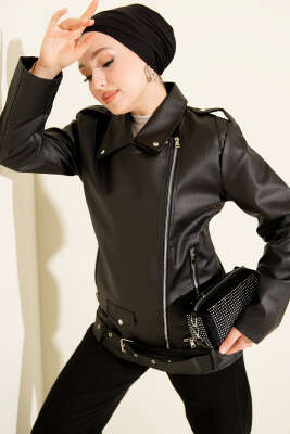 Fermuarlı Uzun Deri Ceket Siyah - GÜZEL ÇANTA