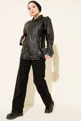 Fermuarlı Uzun Deri Ceket Siyah - Ceket