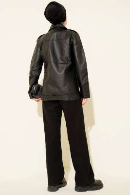 Fermuarlı Uzun Deri Ceket Siyah - Ceket