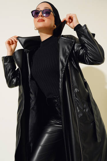 Fermuarlı Uzun Deri Trençkot Siyah - Trençkot Kadın