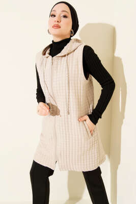 Fermuarlı Uzun Kapitone Yelek Bej - BERAT TEKSTİL