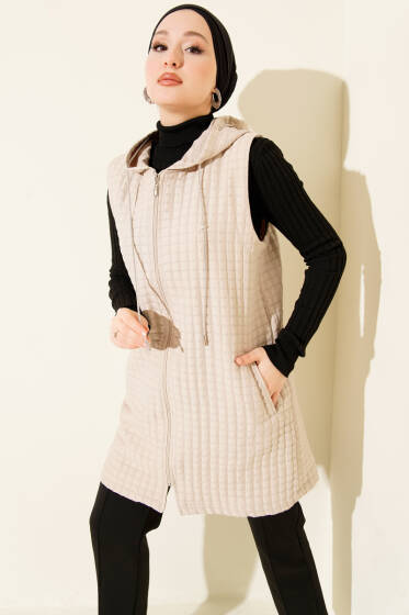 Fermuarlı Uzun Kapitone Yelek Bej - Yelek