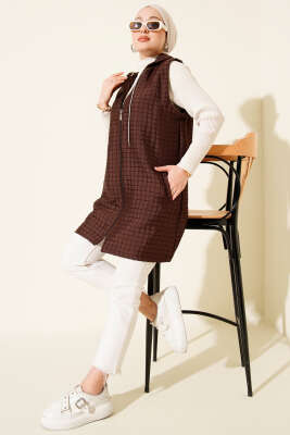 Fermuarlı Uzun Kapitone Yelek Kahve - Yelek