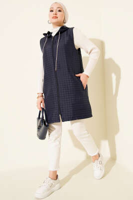 Fermuarlı Uzun Kapitone Yelek Lacivert - Yelek