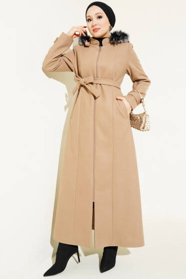 Fermuarlı Uzun Kaşe Kaban Latte - Kaban