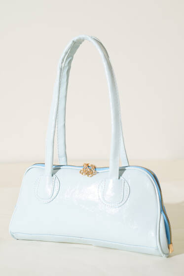 Fermuarlı Uzun Kulplu Rugan Çanta Bebe Mavi - Kol Çantası