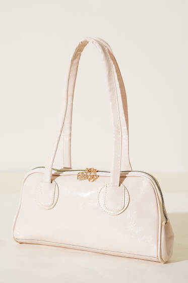 Fermuarlı Uzun Kulplu Rugan Çanta Bej - Kol Çantası