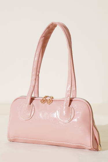 Fermuarlı Uzun Kulplu Rugan Çanta Pudra - Kol Çantası