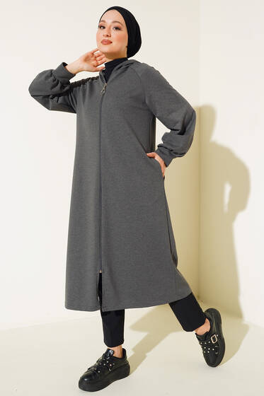 Fermuarlı Uzun Model Hırka Füme - Hırka