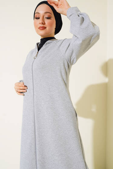 Fermuarlı Uzun Model Hırka Gri - Hırka
