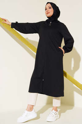 Fermuarlı Uzun Model Hırka Siyah - Thumbnail