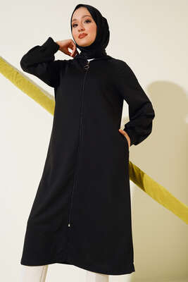 Fermuarlı Uzun Model Hırka Siyah - Thumbnail