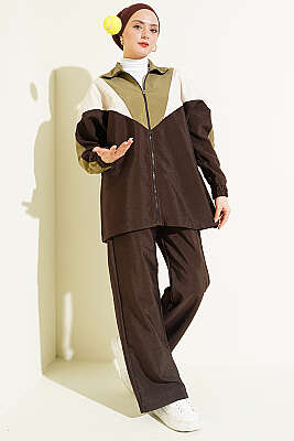 Fermuarlı V Renk Bloklu İkili Takım Acı Kahve - HATUN