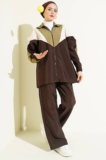 Fermuarlı V Renk Bloklu İkili Takım Acı Kahve - İkili Takım