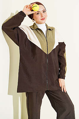 Fermuarlı V Renk Bloklu İkili Takım Acı Kahve - İkili Takım