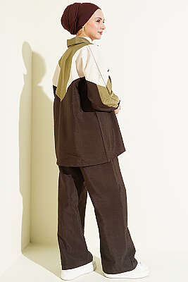 Fermuarlı V Renk Bloklu İkili Takım Acı Kahve - İkili Takım