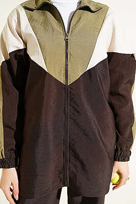 Fermuarlı V Renk Bloklu İkili Takım Acı Kahve - İkili Takım