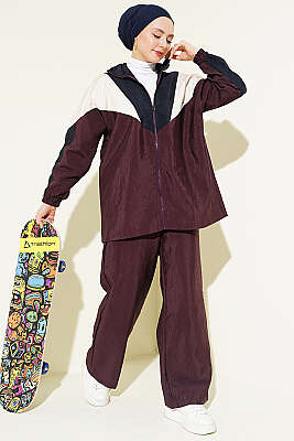 Fermuarlı V Renk Bloklu İkili Takım Burgonya - HATUN