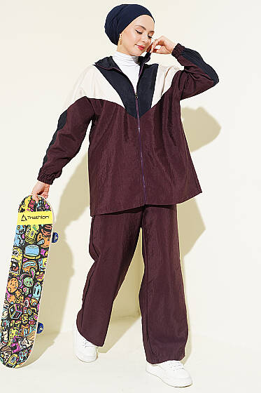 Fermuarlı V Renk Bloklu İkili Takım Burgonya - İkili Takım