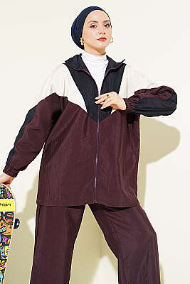 Fermuarlı V Renk Bloklu İkili Takım Burgonya - İkili Takım