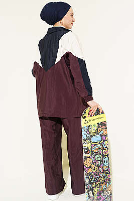 Fermuarlı V Renk Bloklu İkili Takım Burgonya - İkili Takım